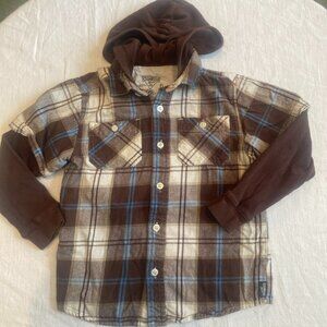 Flannel Boys Long Sleeve Hooded Brown Plaid Shirt Size 6 Hoodie Warm Hood